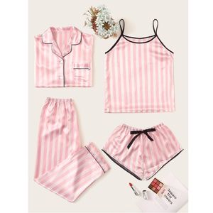 Satin Pink Stripes 4 Piece Pajamas Set